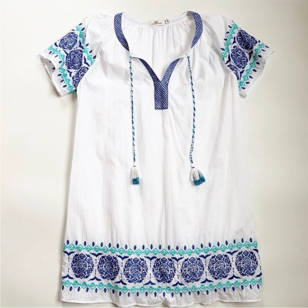 Vineyard Vines White Blue Embroidered Popover Dress Cotton Shift Medium